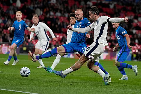 UEFA Nations League, England vs Finland: England's Jack Grealish, right, is challenged by Finland's Adam Stahl